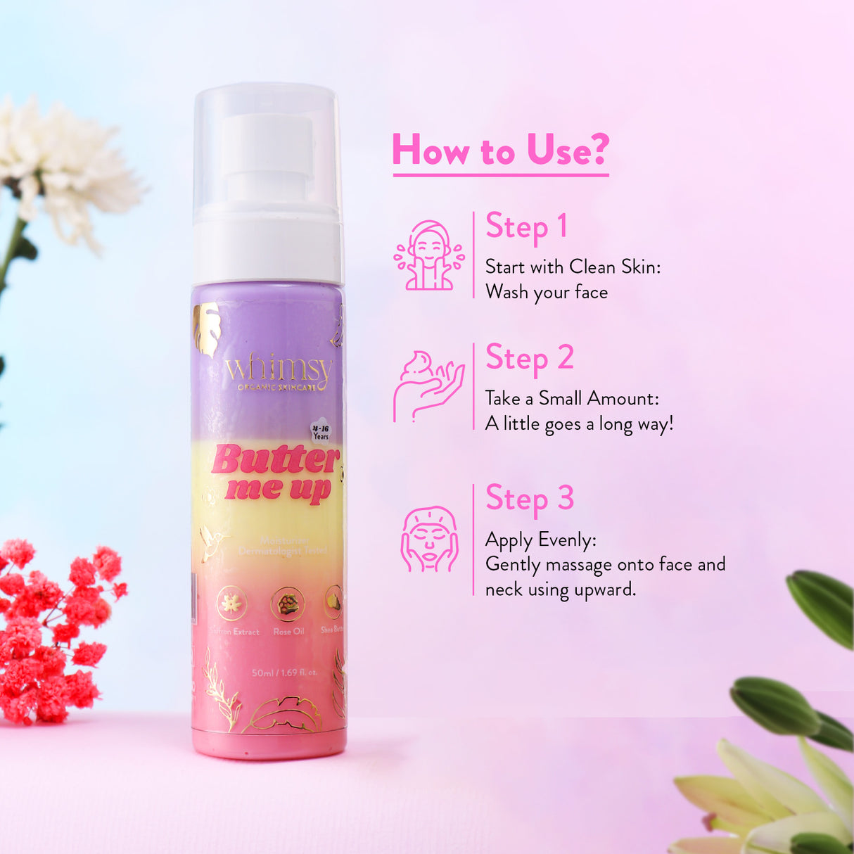 Product bottle with 'Butter up' text on a pink background with usage instructions.