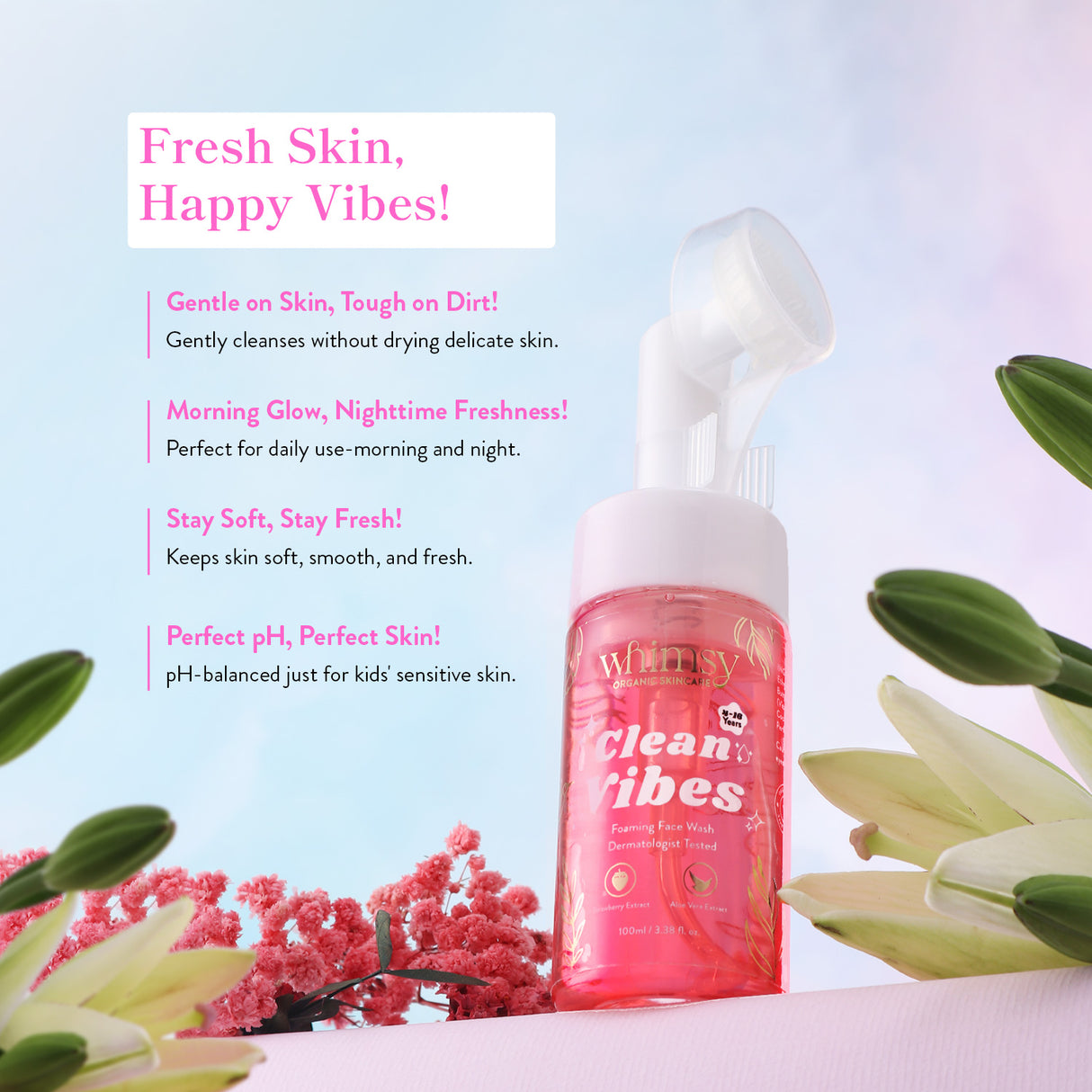 Pink bottle of 'Clean Vibes' cleanser with text on a light blue background with flowers.
