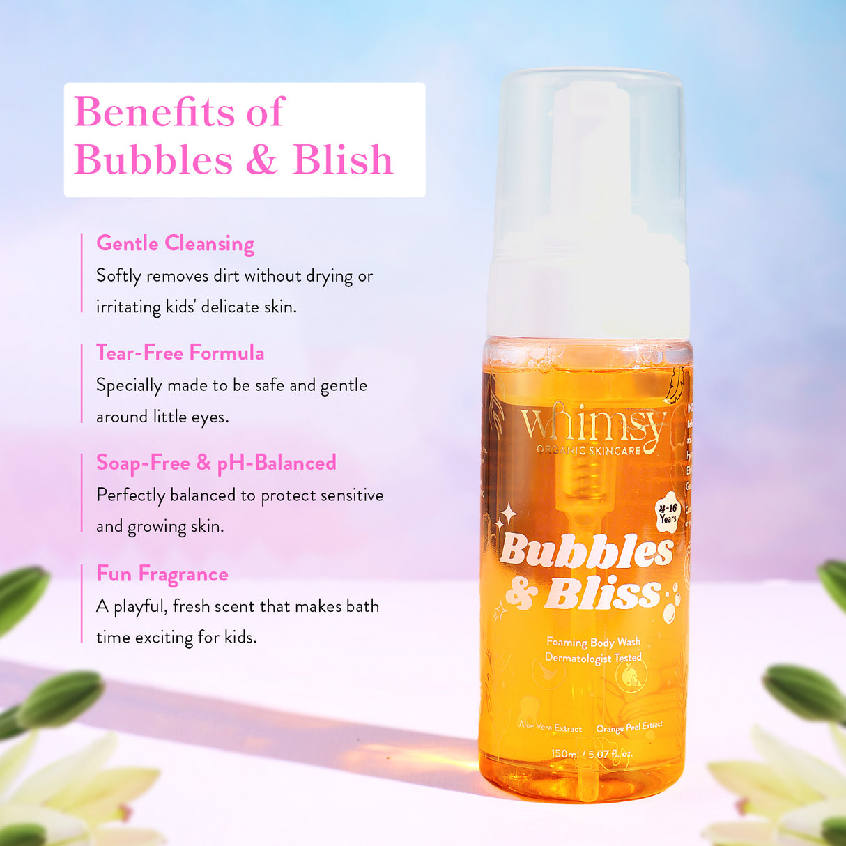 Orange bottle of 'Bubbles & Bliss' body wash with product benefits text on a colorful background
