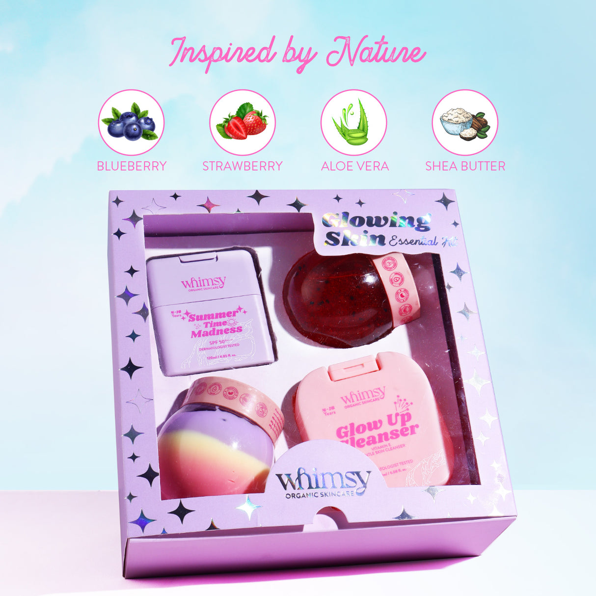 Whimsy skincare product set with packaging on a light blue background
