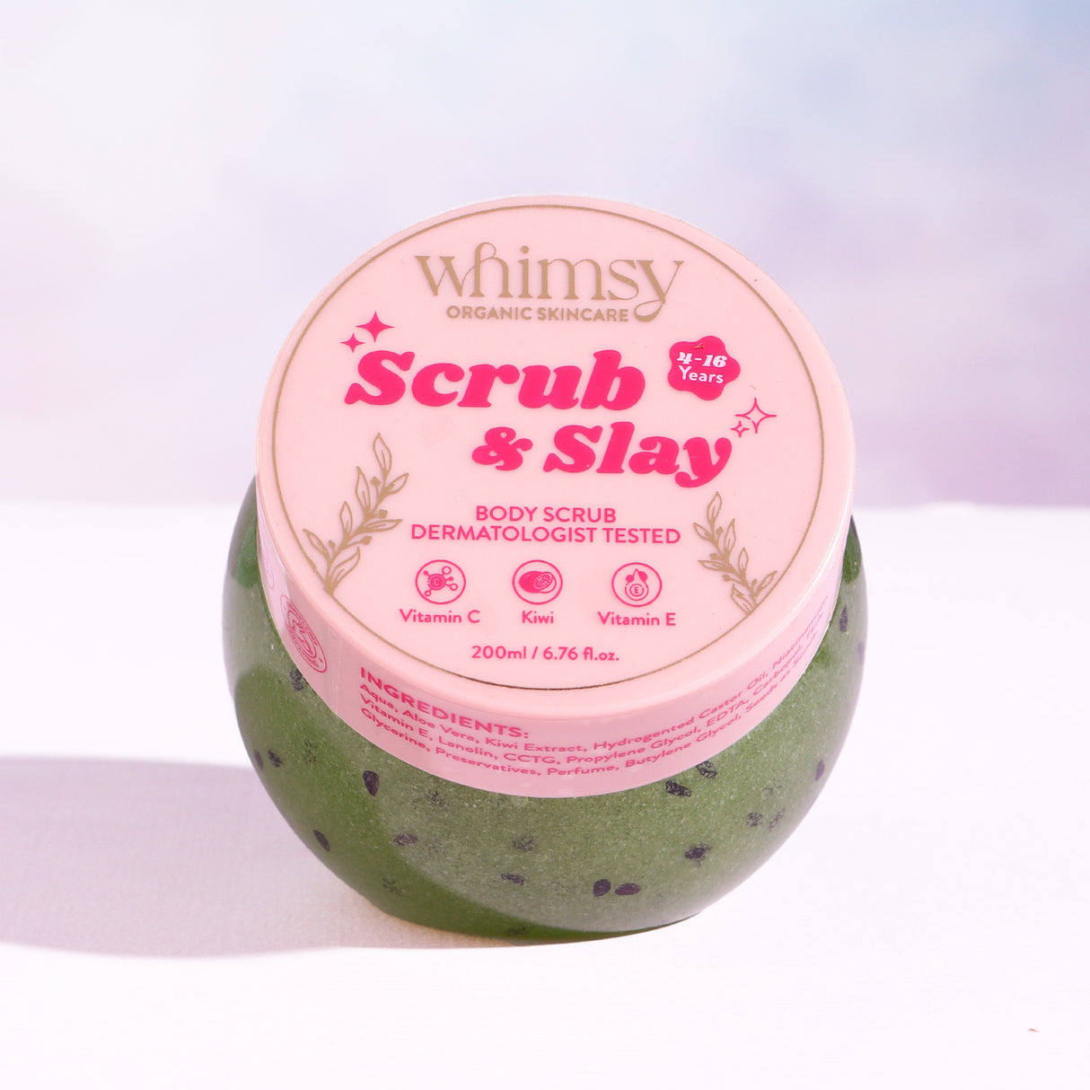 Jar of 'Scrub & Slay' body scrub by Whimsy Organic Skincare on a white background