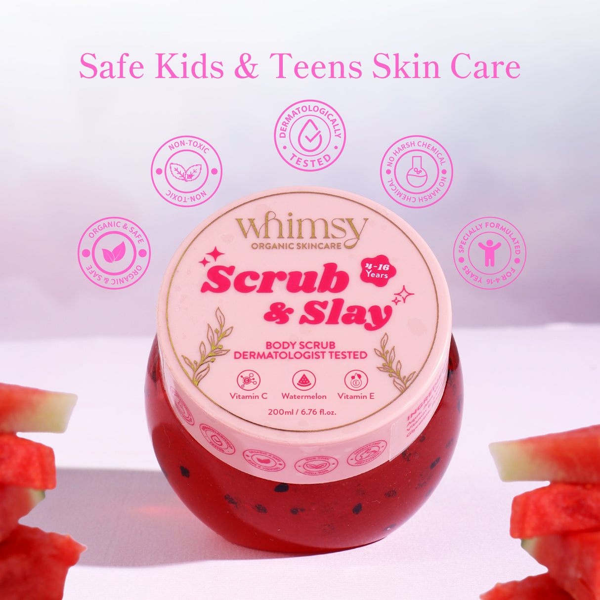 Jar of Whimsy Organic Skincare Scrub & Slay with watermelon slices on a light pink background