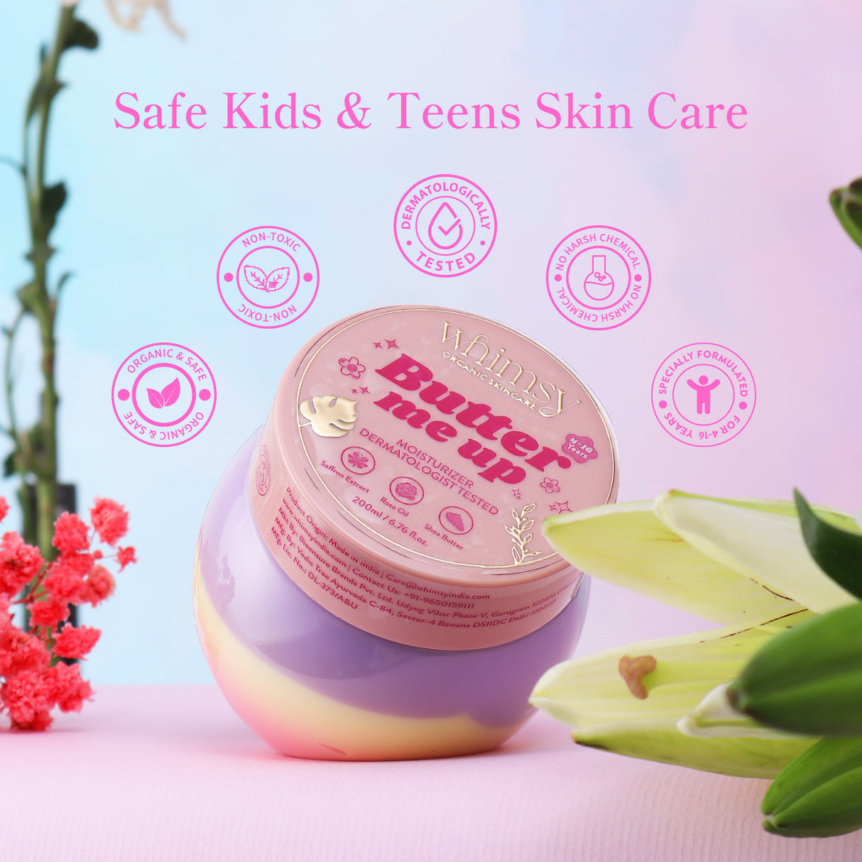 Jar of 'Butter me up' skin care product with floral and leaf decorations on a light pink background.
