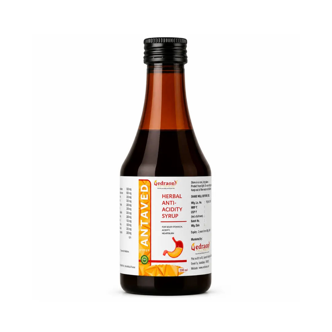 Bottle of herbal anti-acidity syrup on a white background