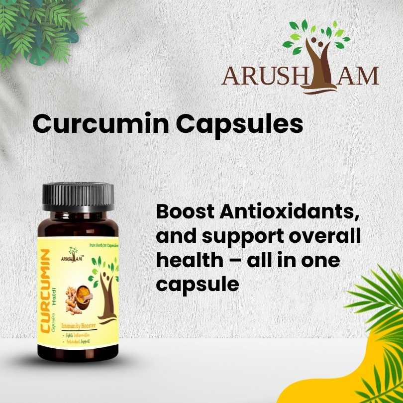 Curcumin capsules with Arush Am branding on a light gray background