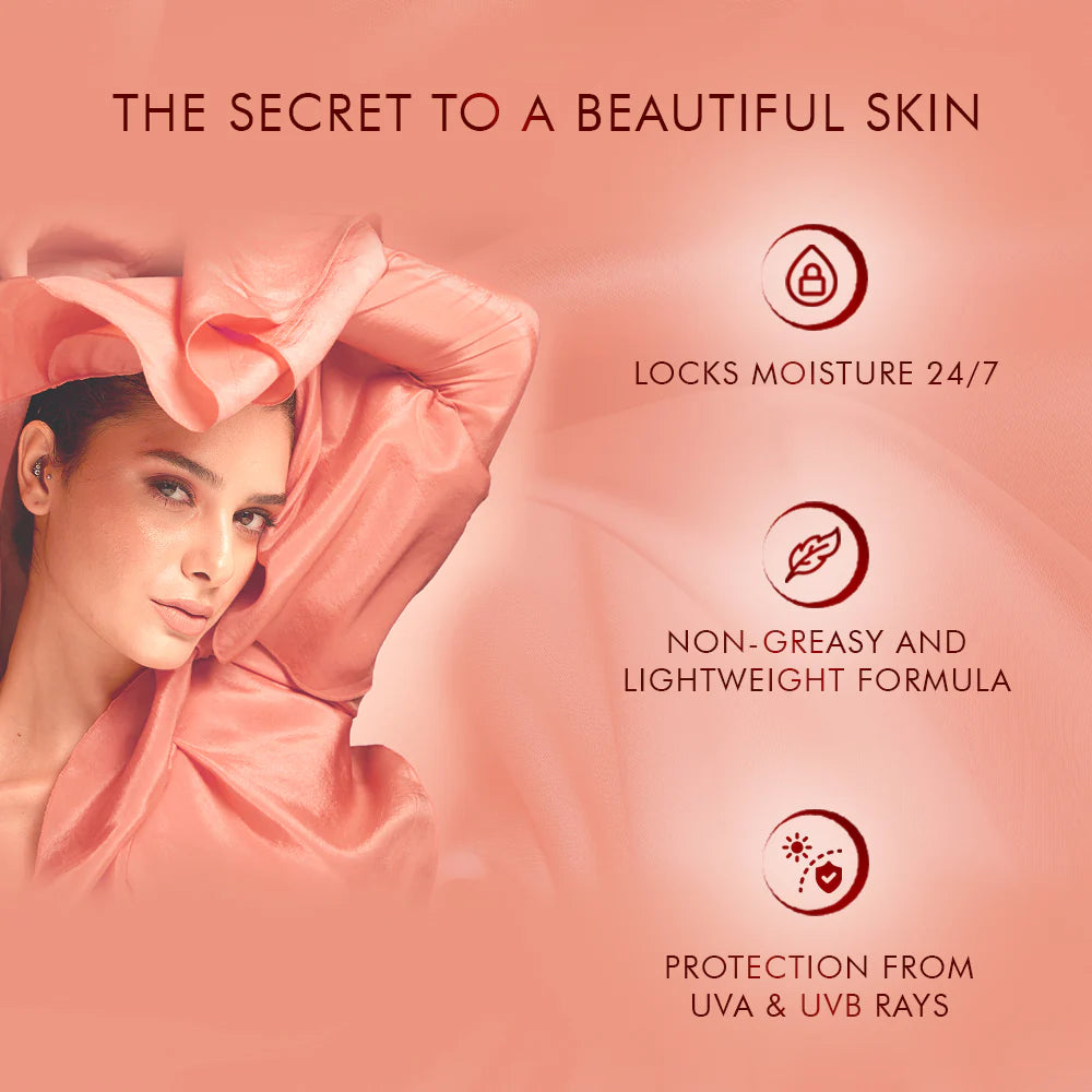 Woman with pink hair and clothing against a pink background with text about skincare benefits.