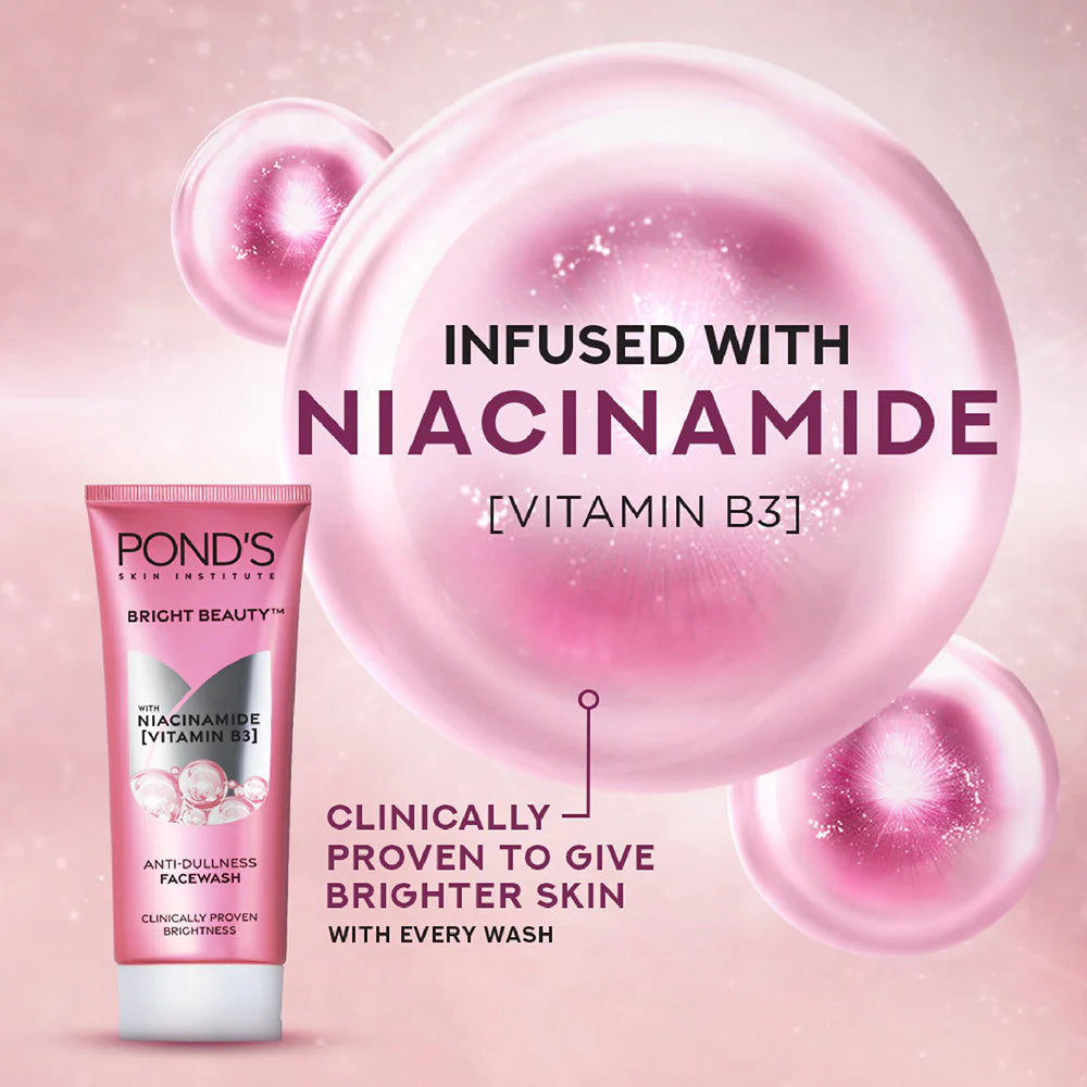Ponds Bright Beauty face wash tube with pink bubbles and text on a pink background