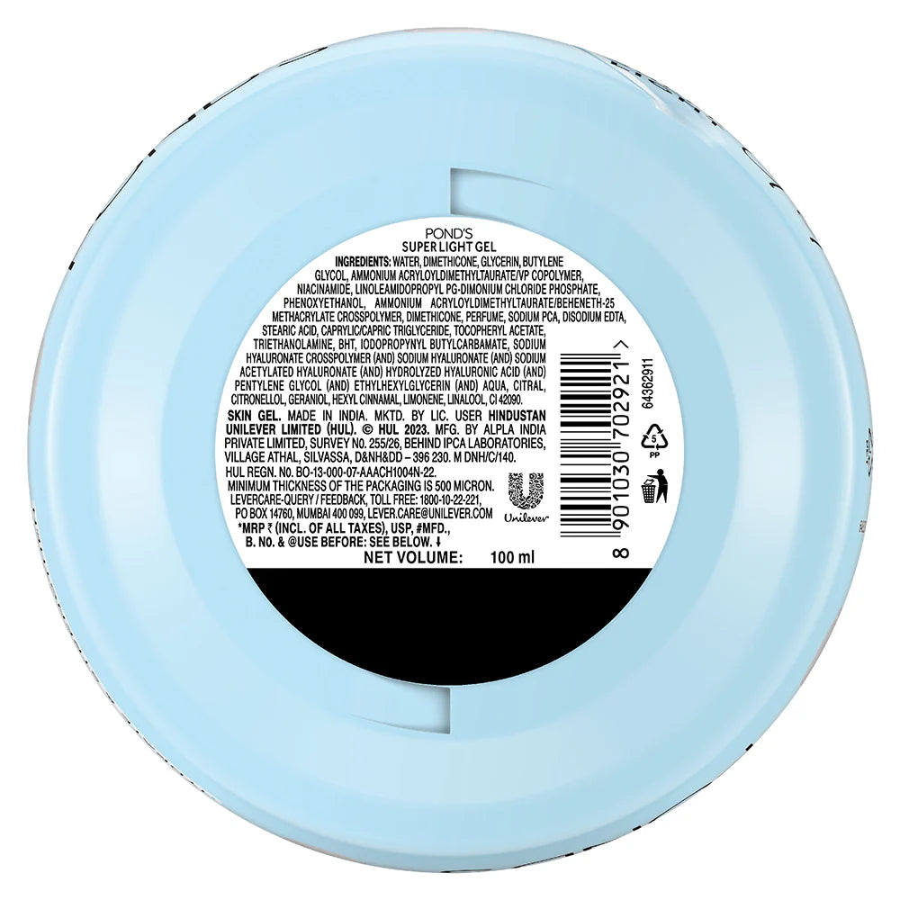 Back of a light blue container with a label showing product details.
