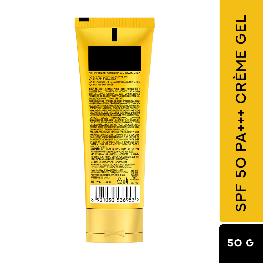 Yellow tube of SPF 50 PA+++ crème gel with text and branding on a white background