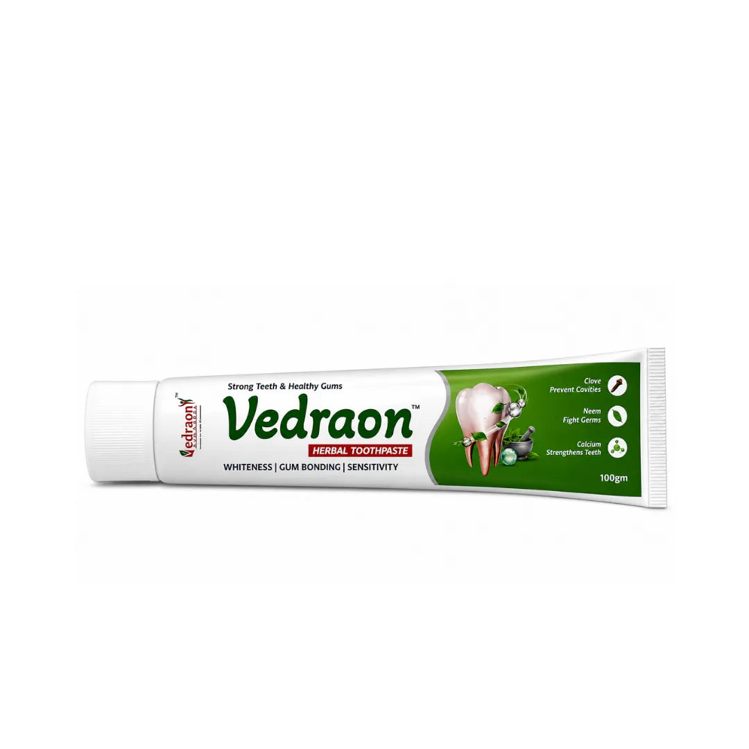 Vedraon herbal toothpaste tube on a white background