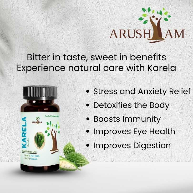 Bottle of Karela with Arusham branding and product benefits on a light gray background