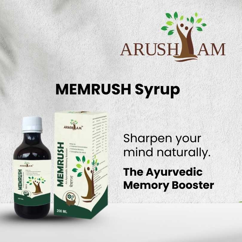 MEMRUSH Syrup bottle and packaging with Arusham brand on a white background