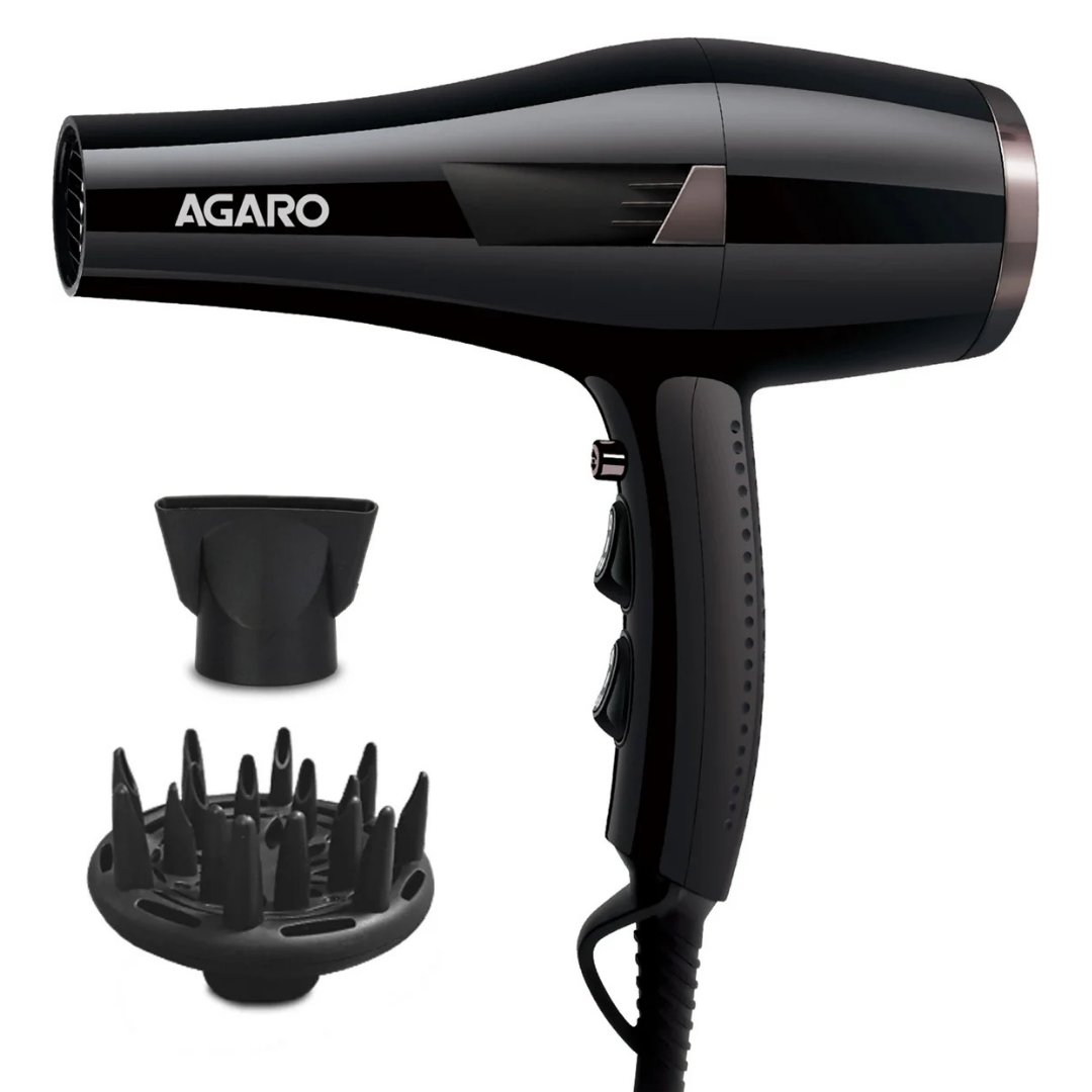 Black hair dryer with attachments on a white background, featuring the Agaro brand.