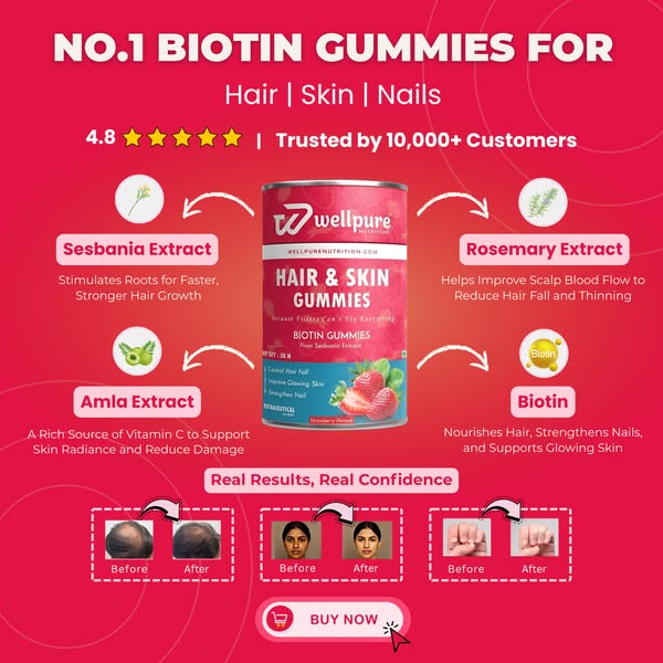 Advertisement for Wellpure Biotin Gummies with product image and benefits on a red background