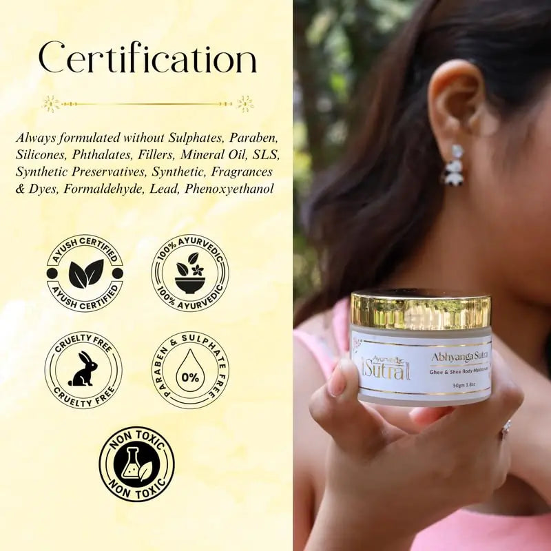 Product container held by a person with certification logos on a yellow background