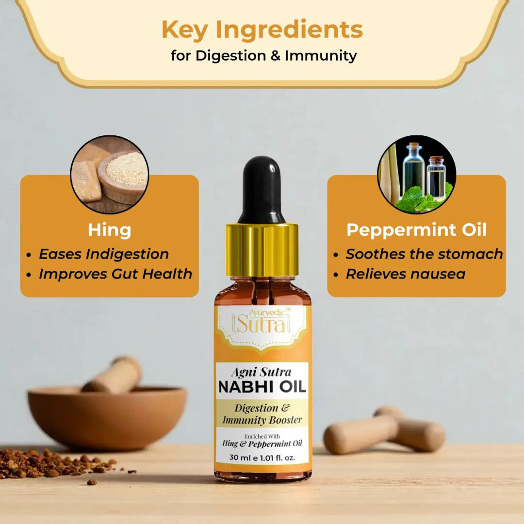 A bottle of Agni Sutra Nabhi Oil with key ingredients
