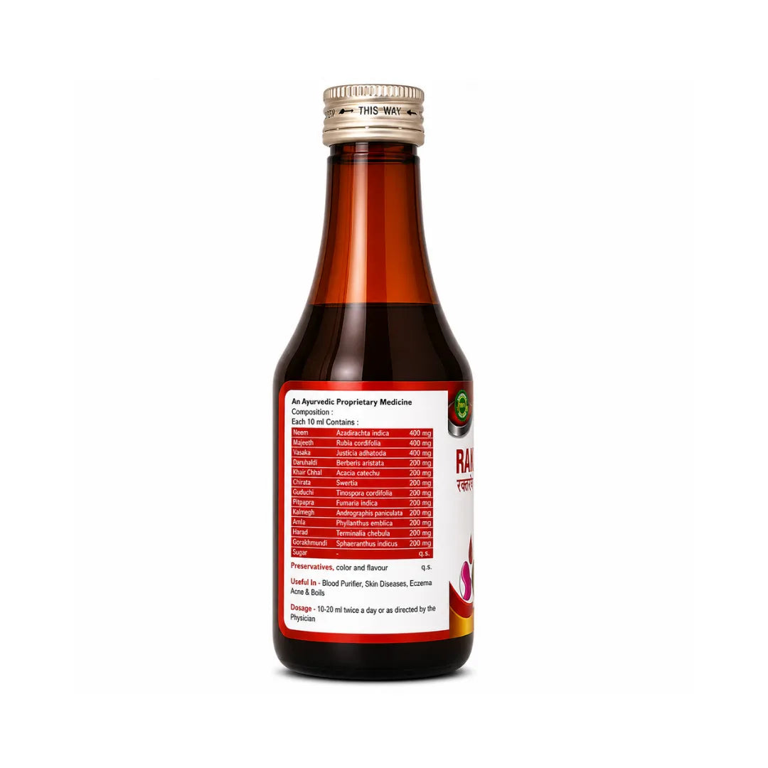 Bottle of syrup with a red label on a white background