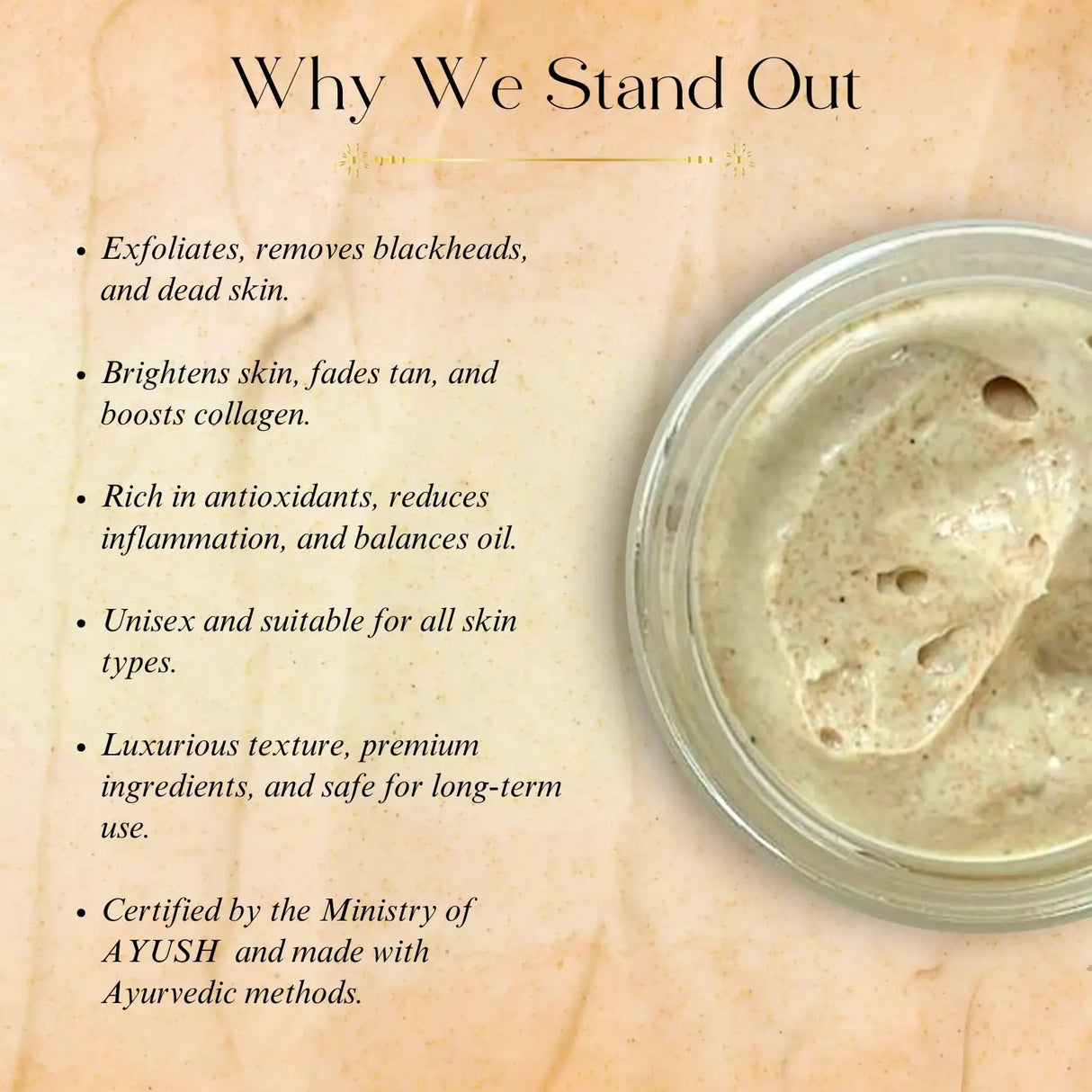 Jar of skincare product with text highlighting its benefits on a beige background