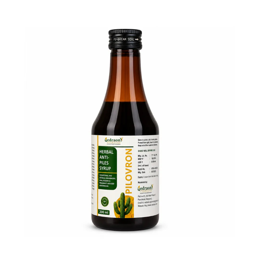 Bottle of Pilovron syrup with a white label on a white background