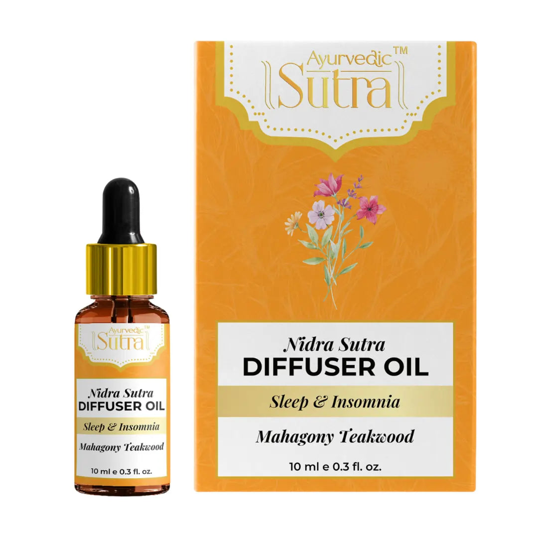 Nidra Sutra diffuser oil bottle and packaging on a white background