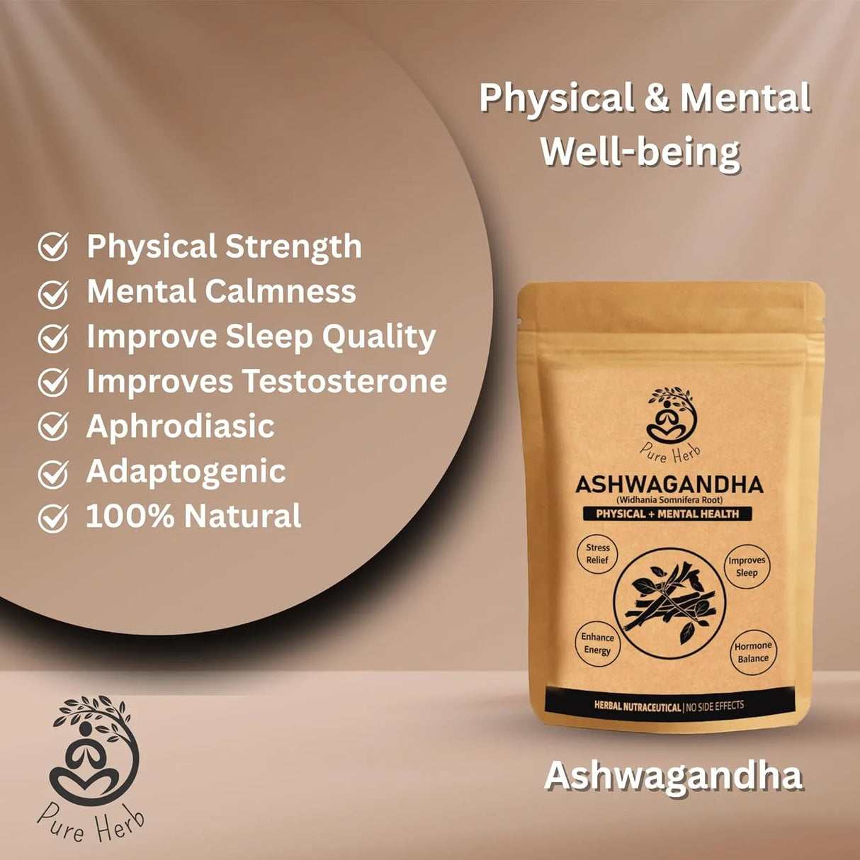 Pure Herb Premium Ashwagandha Powder with Natural Taste Booster Sachet β Withania Somnifera Root β Natural Stress Relief, Energy & Vitality Support β Ayurvedic Herbal Supplement