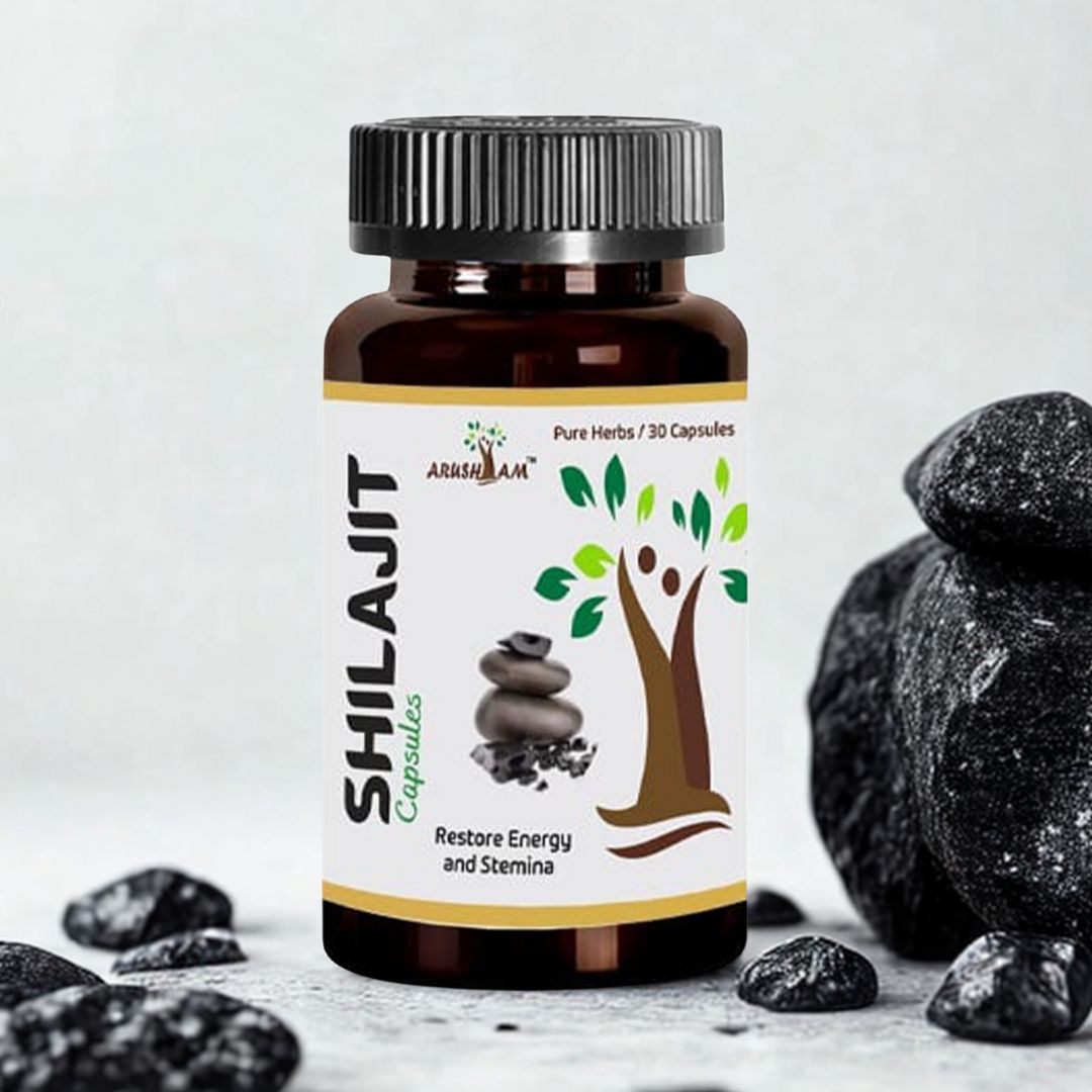 Bottle of Shilajit capsules with a white label on a light gray background