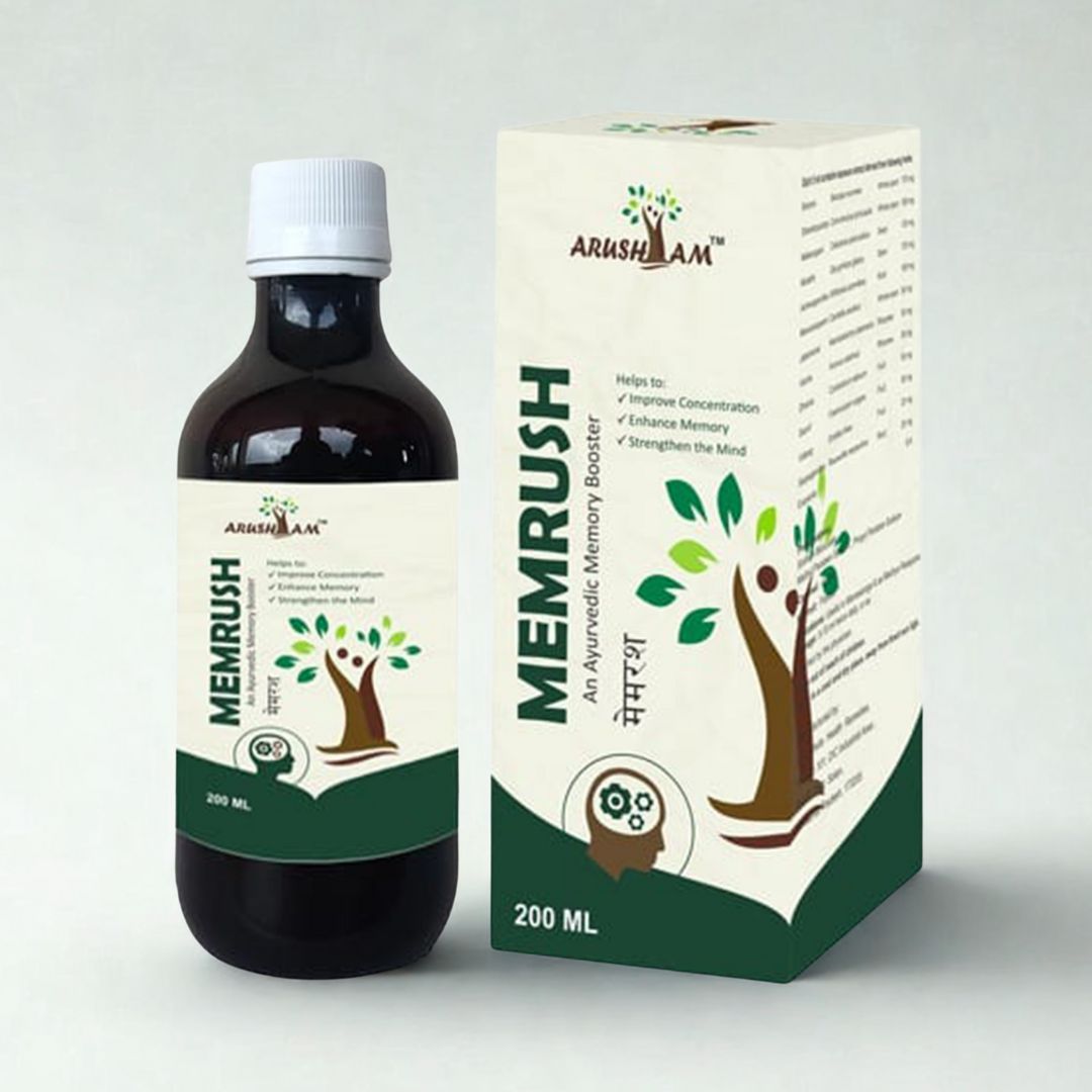 Memrush Ayurvedic memory booster bottle and packaging on a white background