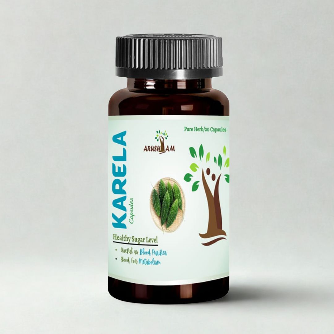 Bottle of Karela capsules with a white label on a light gray background