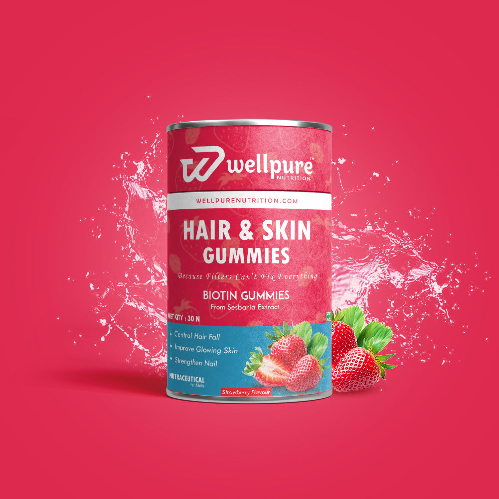 Wellpure Nutrition Hair & Skin Gummies can with strawberries on a red background