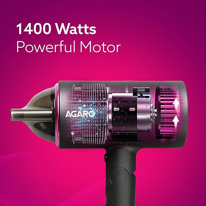 Hair dryer with 1400 Watts and powerful motor on a pink background