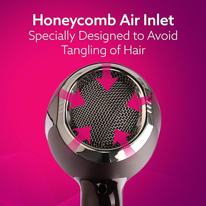 Hair dryer with honeycomb air inlet design on a pink background