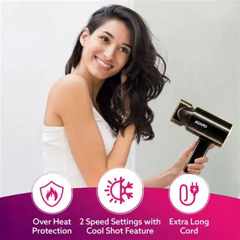 Woman holding a hair dryer with product features displayed on a white background