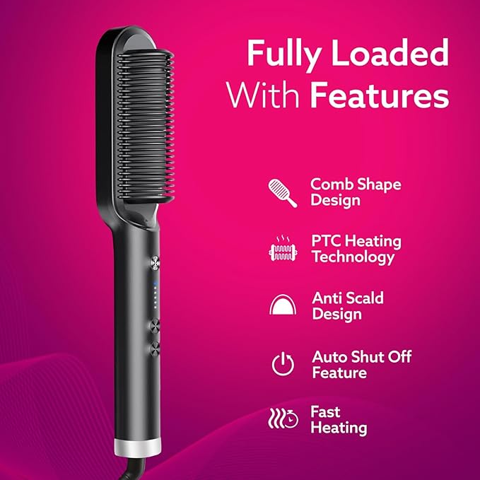 Hair straightener with features listed on a pink background