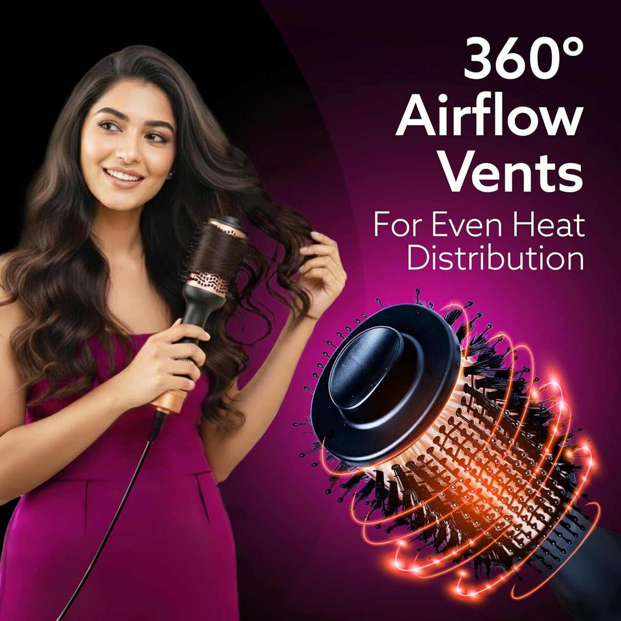Woman using a hair dryer with 360-degree airflow vents on a purple background