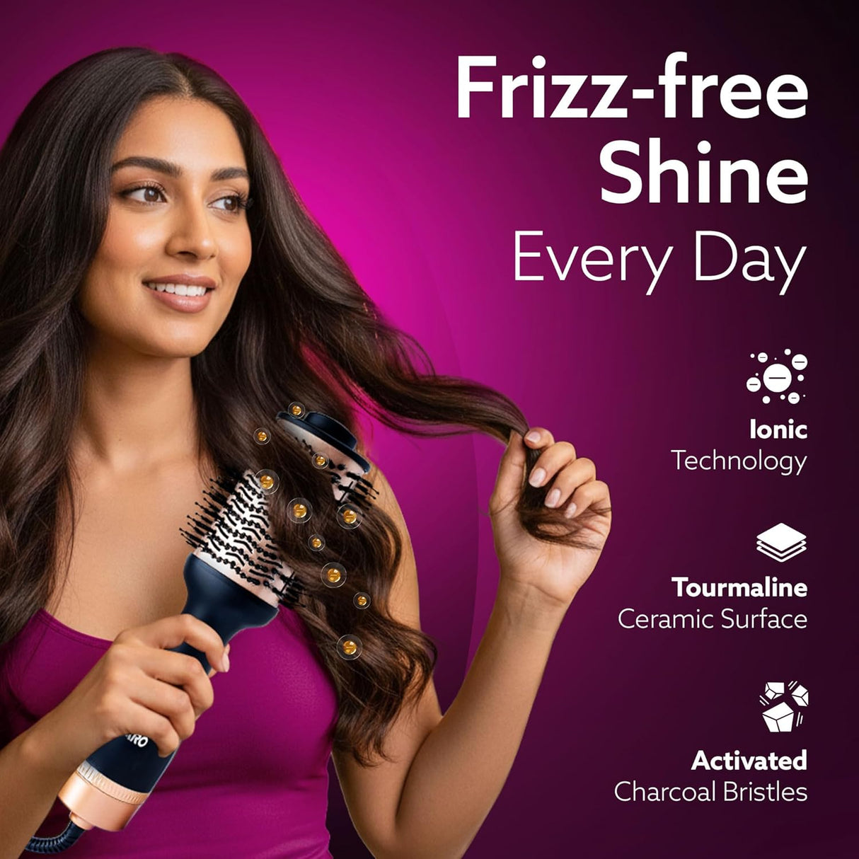 Woman using a hairbrush with text about frizz-free shine on a purple background