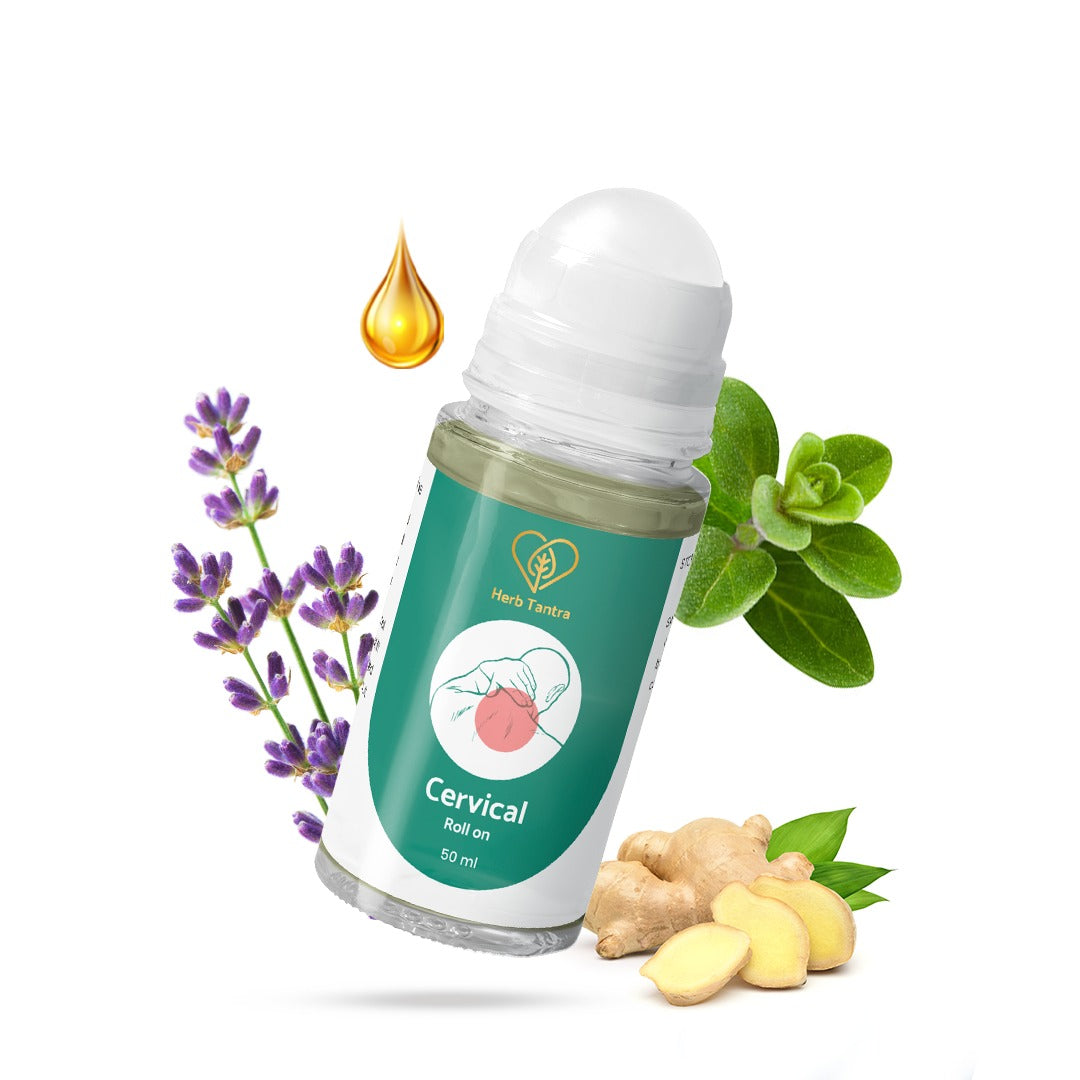 Cervical roll-on with lavender, ginger, and eucalyptus on a white background