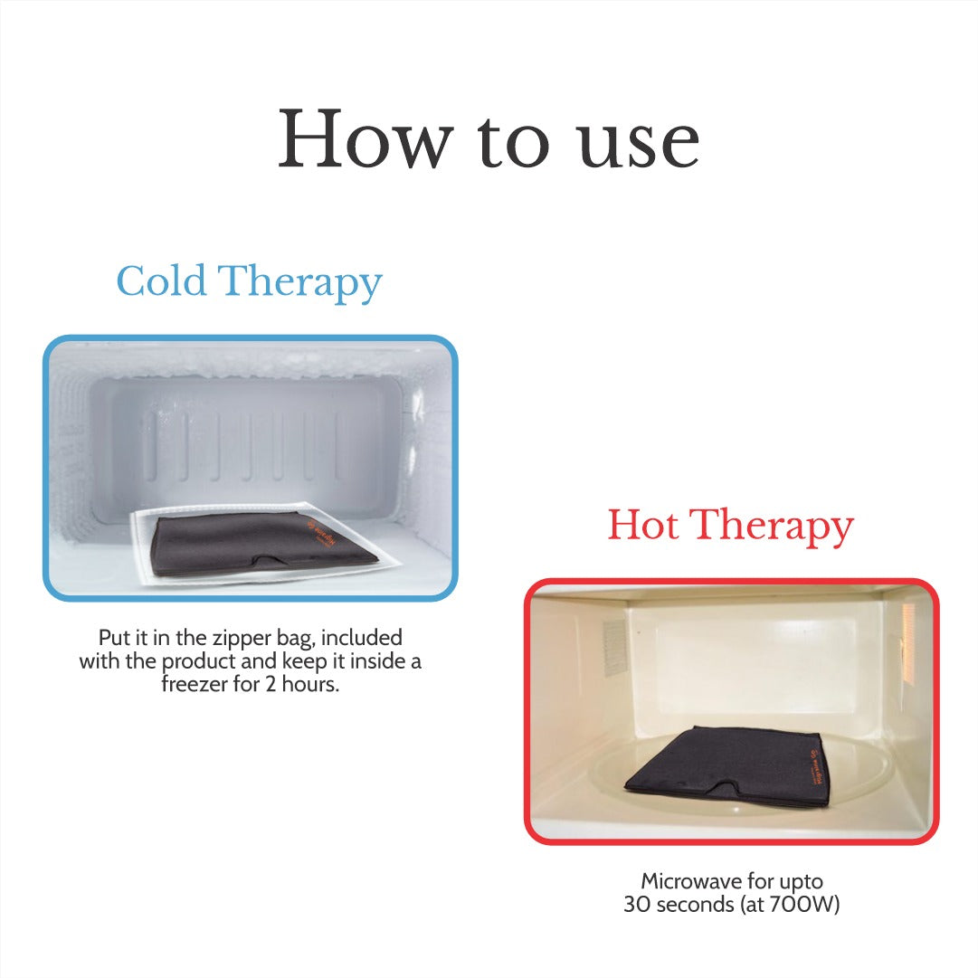 Instructions on how to use cold and hot therapy, with images of a product in a freezer and microwave.