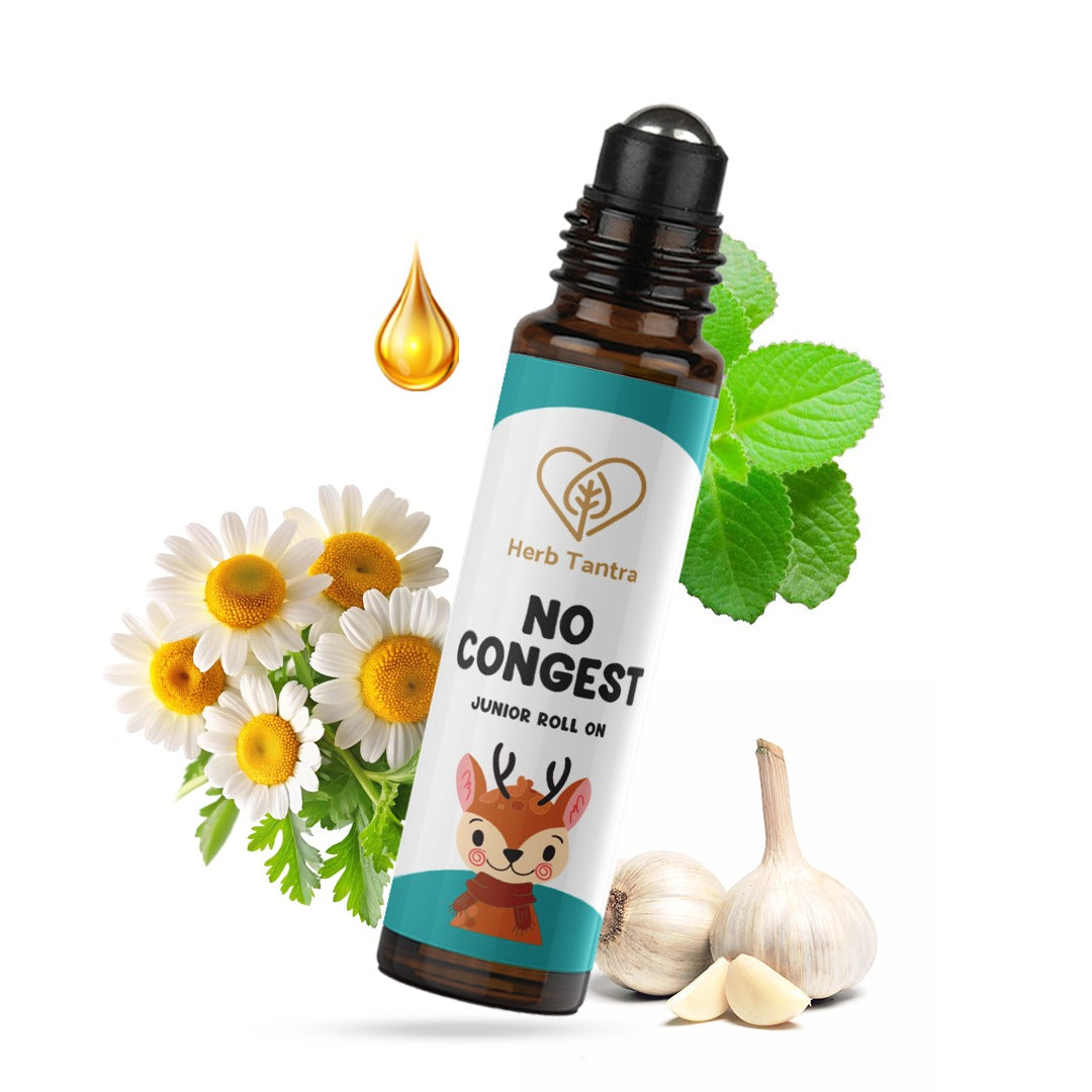 Herb Tantra 'No Congest' junior roll on bottle with flowers, garlic, and mint leaves on a white background