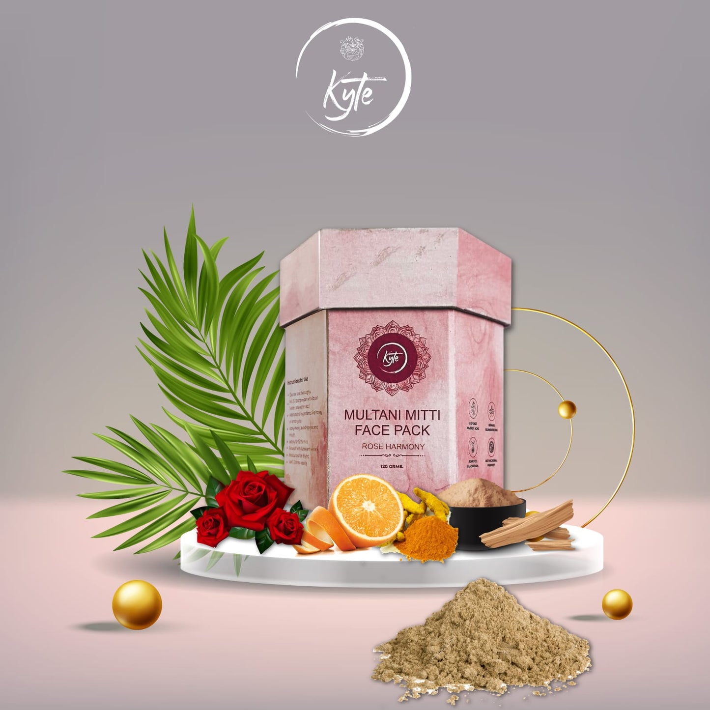 Multani Mitti face pack with ingredients and Kye brand logo on a gray background