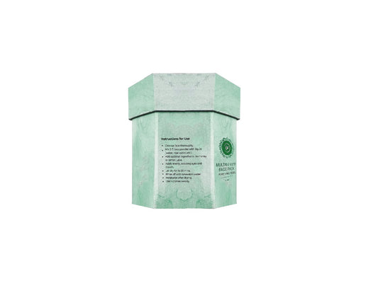 Green hexagonal box with text on a white background