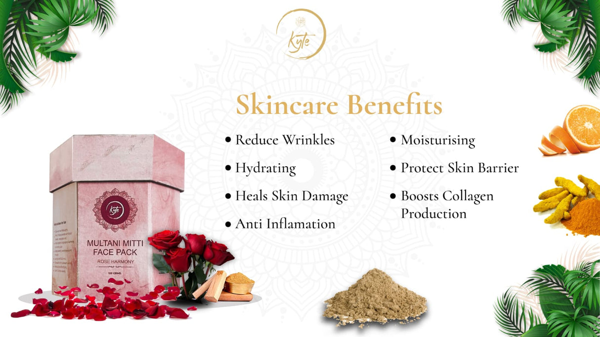 Multani Mitti face pack with skincare benefits listed on a white background
