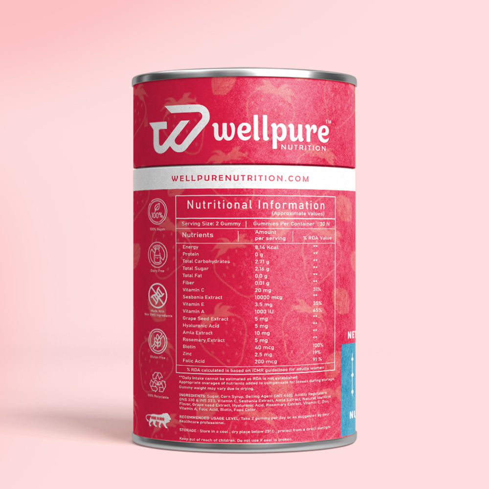 Wellpure Nutrition supplement can with nutritional information on a pink background