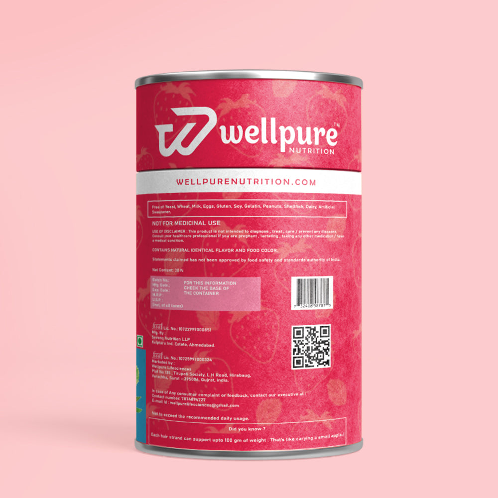 Red canister with 'wellpure nutrition' branding on a pink background