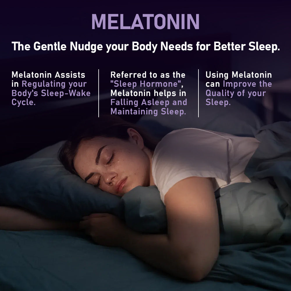 Woman sleeping with text about melatonin's benefits for better sleep.