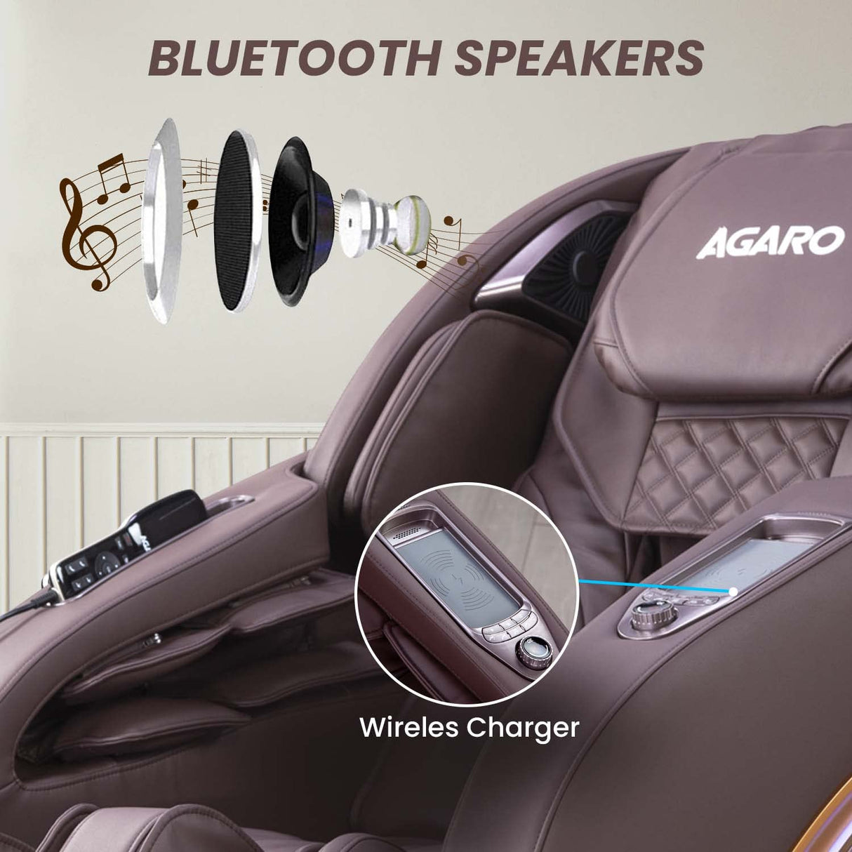 Massage chair with Bluetooth speakers and wireless charger, featuring the Agaro brand.