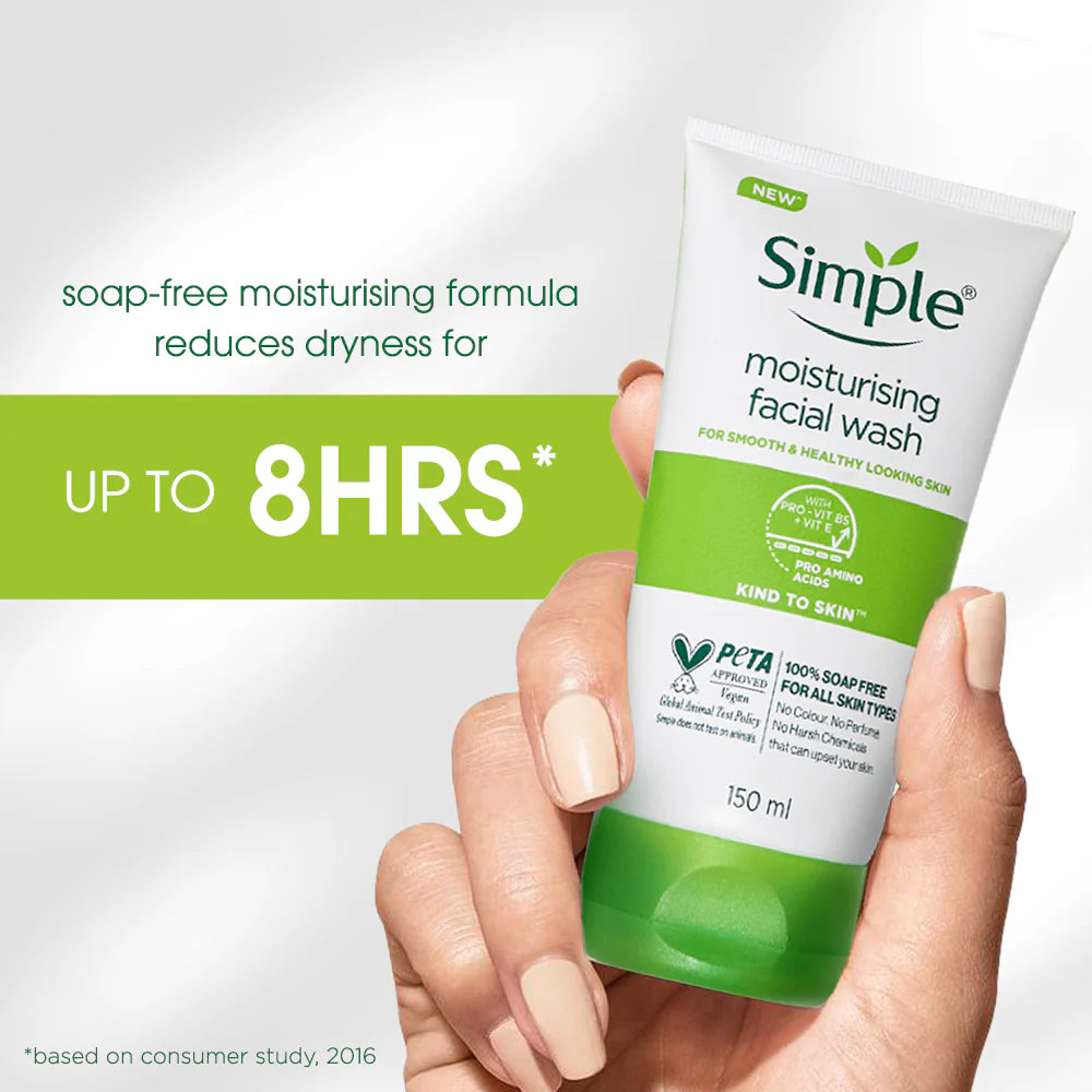 Hand holding a tube of Simple moisturising facial wash