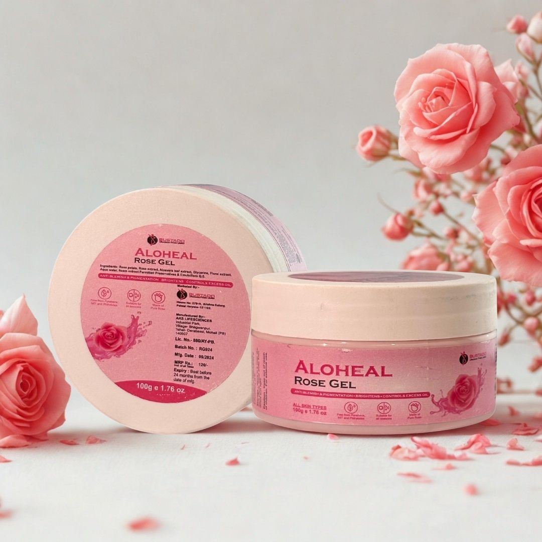 Aloe Heal Rose Gel jar with pink roses on a light background