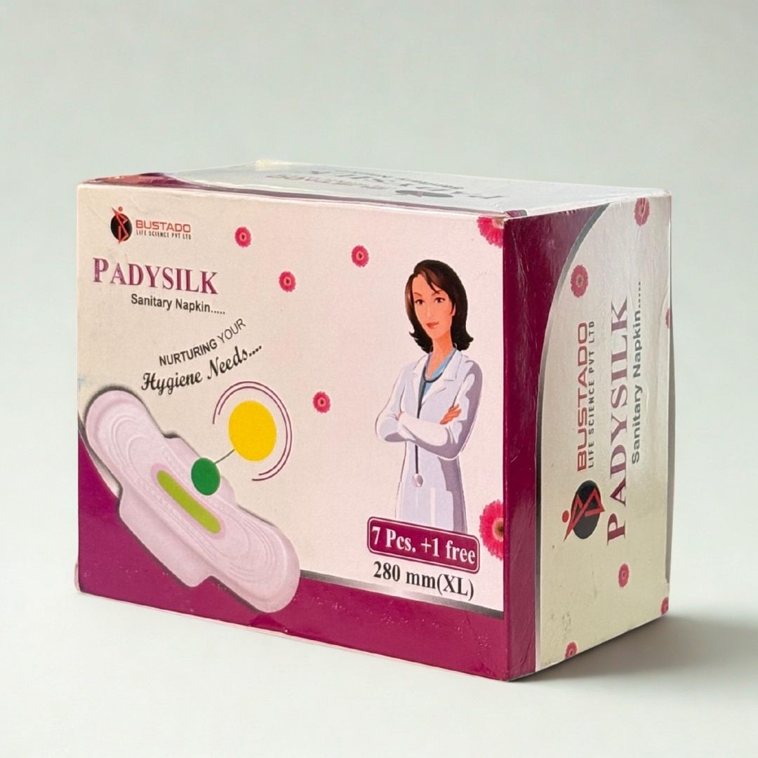 Box of Padysilk sanitary napkins with a doctor illustration on a white background