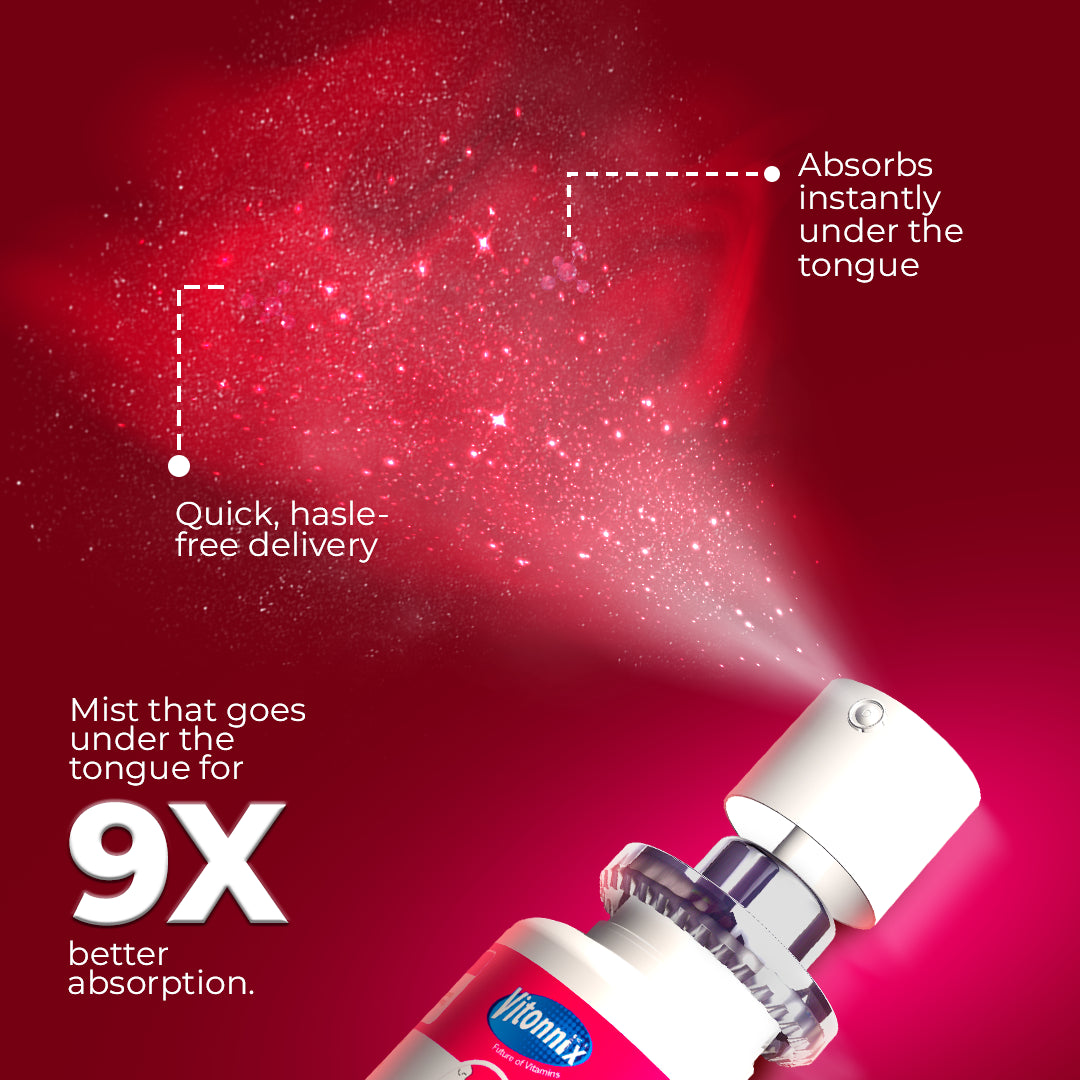 Vitamin X spray with red background and product details