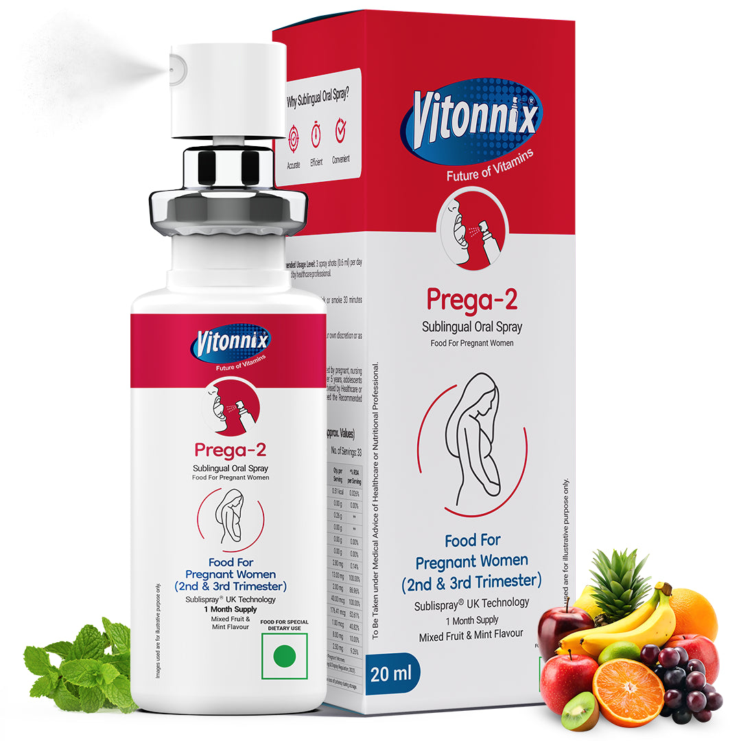 Vitonnix Prega-2 sublingual oral spray with packaging and fruits on a white background